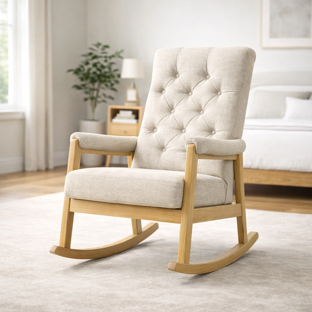 Schaukelstuhl aus Leinenpolsterung und Massivholz