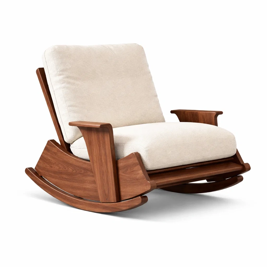 Schaukelstuhl aus Walnussholz mit Polyesterbezug Beige
