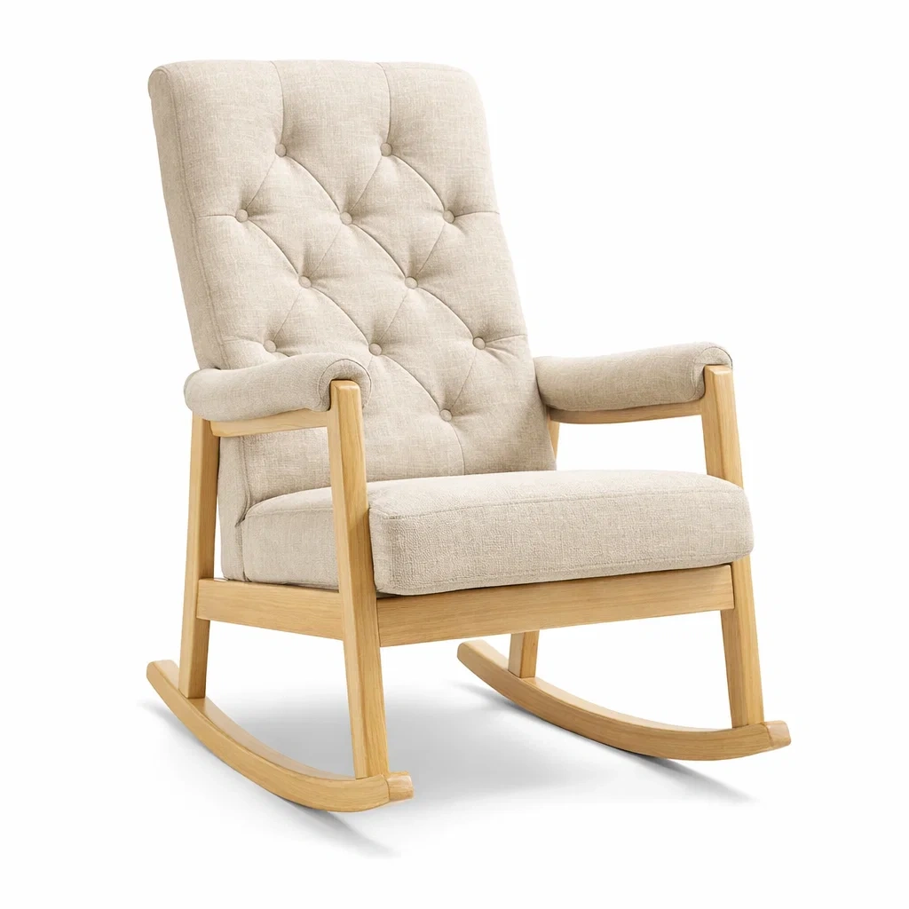 Schaukelstuhl aus Leinenpolsterung und Massivholz