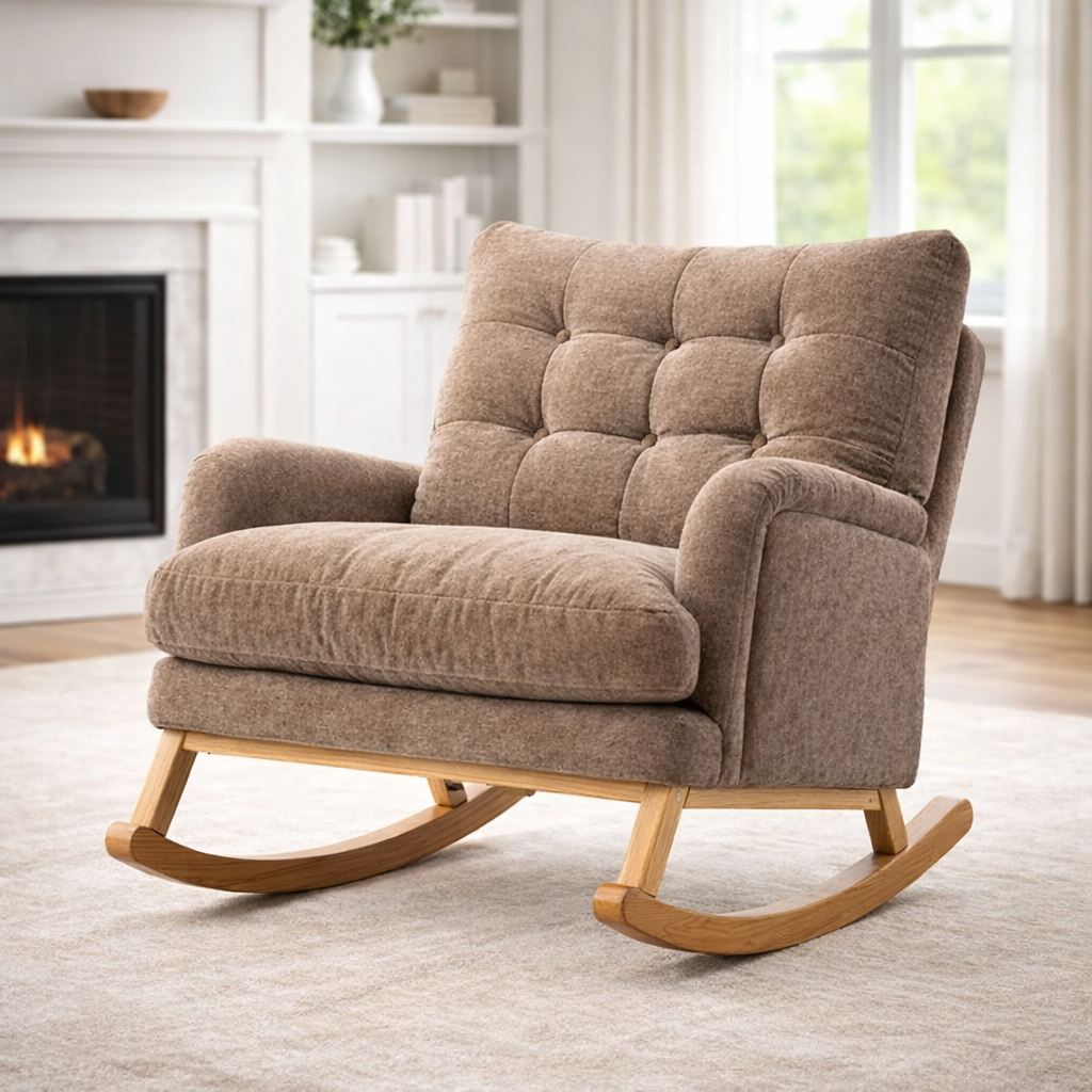 Schaukelstuhl aus Stoff Braun mit Massivholz