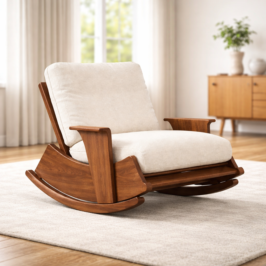 Schaukelstuhl aus Walnussholz mit Polyesterbezug Beige