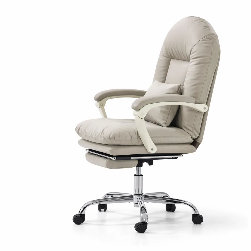 Chaise de Bureau Ergonomique Inclinable avec Repose-Pieds et Roulettes, Design Confortable Pivotant en Cuir PU, Beige