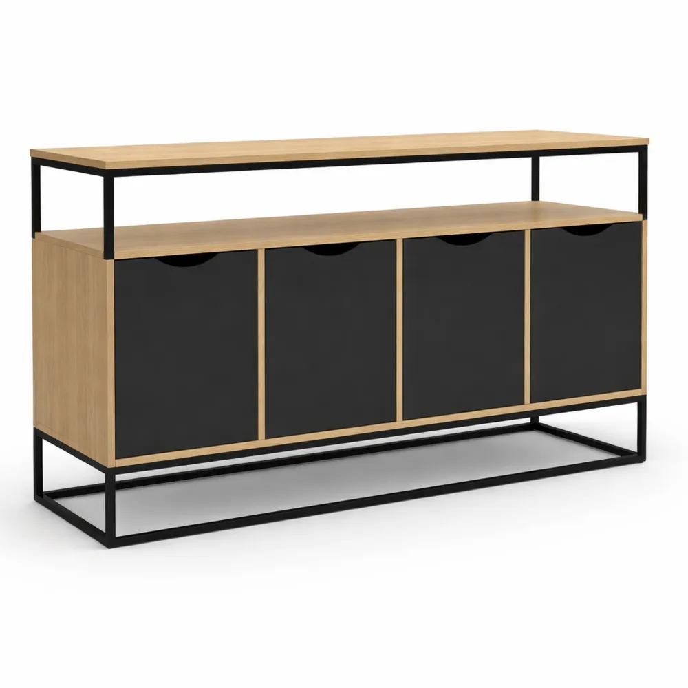 Buffet industriel 4 portes noires 140 cm, style contemporain