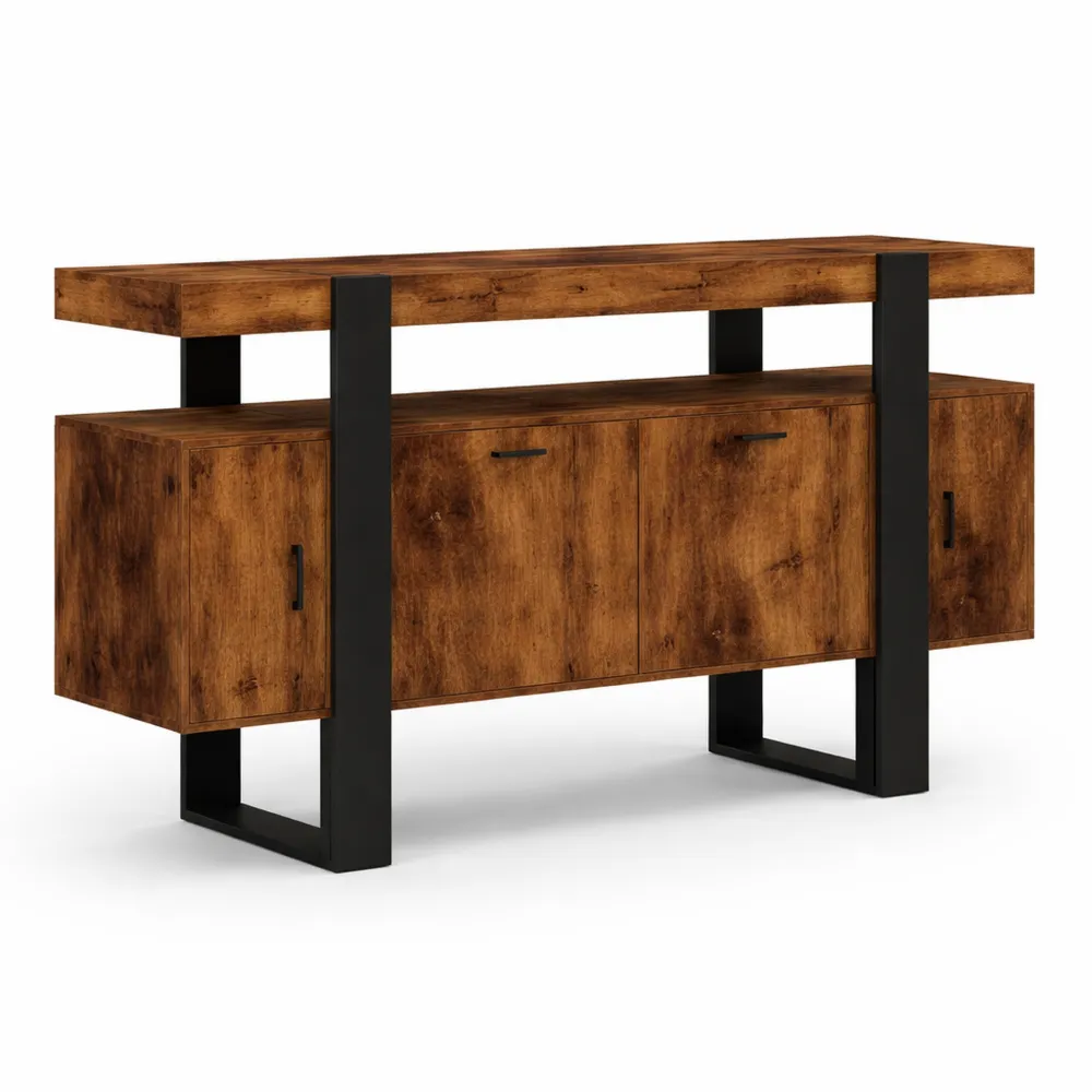 Buffet en Bois avec Effet Vieilli et Quatre Portes Noires - 140 cm