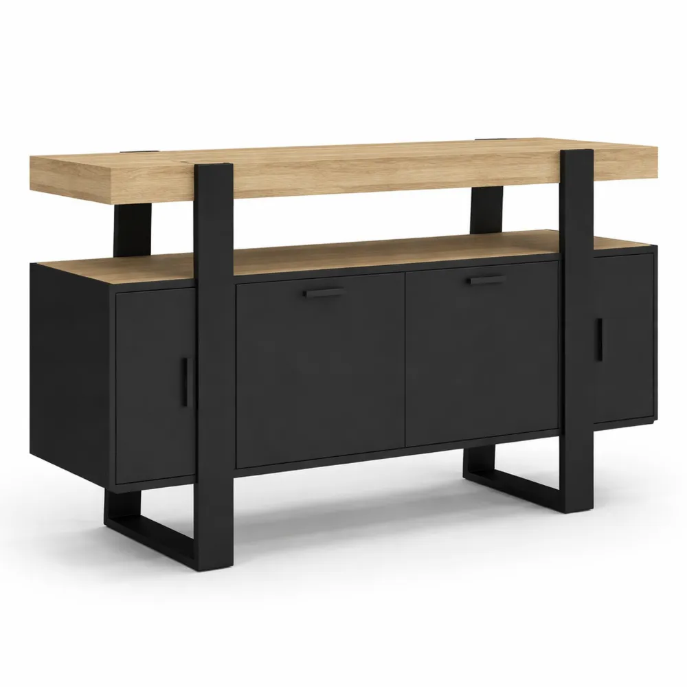 Buffet Noir 4 Portes avec Plateau en Bois 140 cm