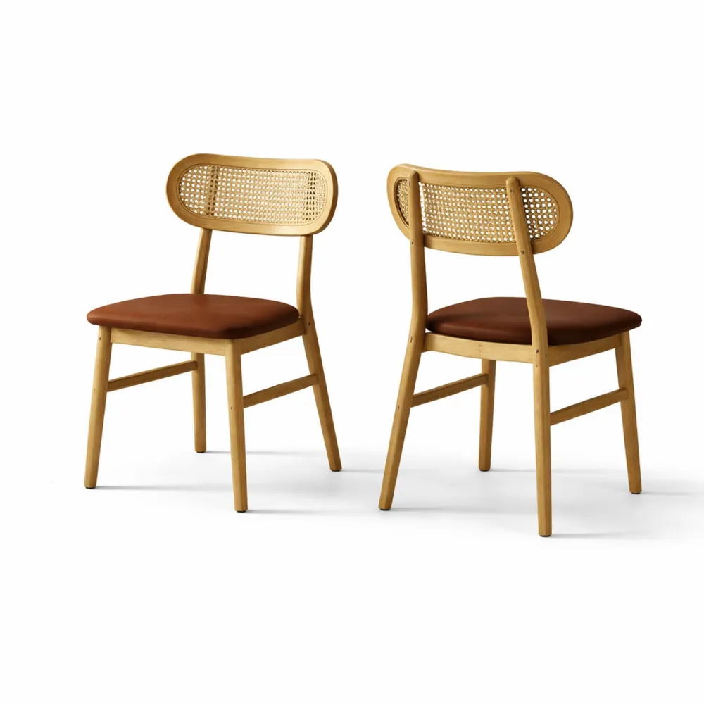 Lot de 2 chaises en bois avec dossier en rotin et siège en similicuir pour salle à manger