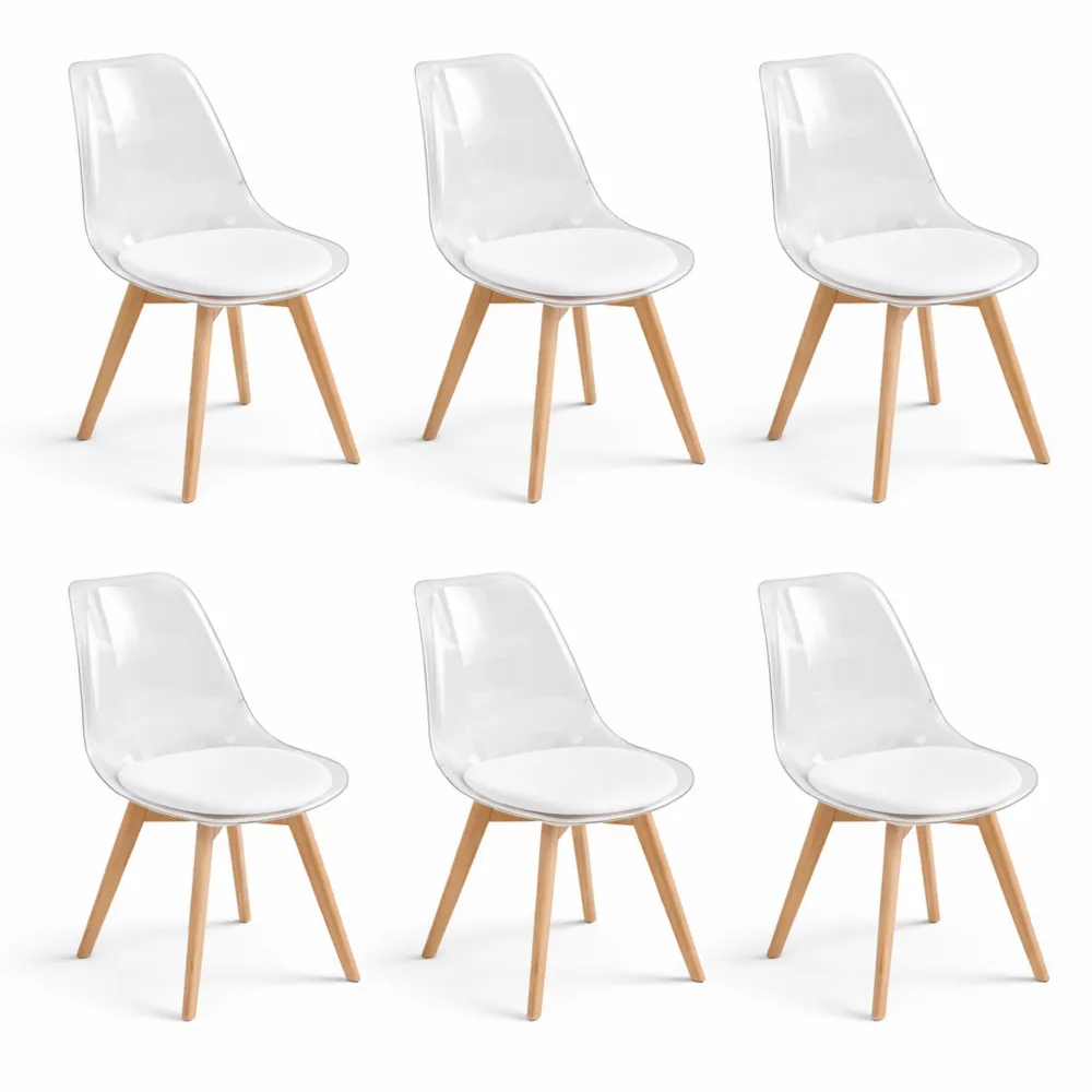 Ensemble de 6 chaises modernes avec coussin en cuir PU, transparentes pour intérieur