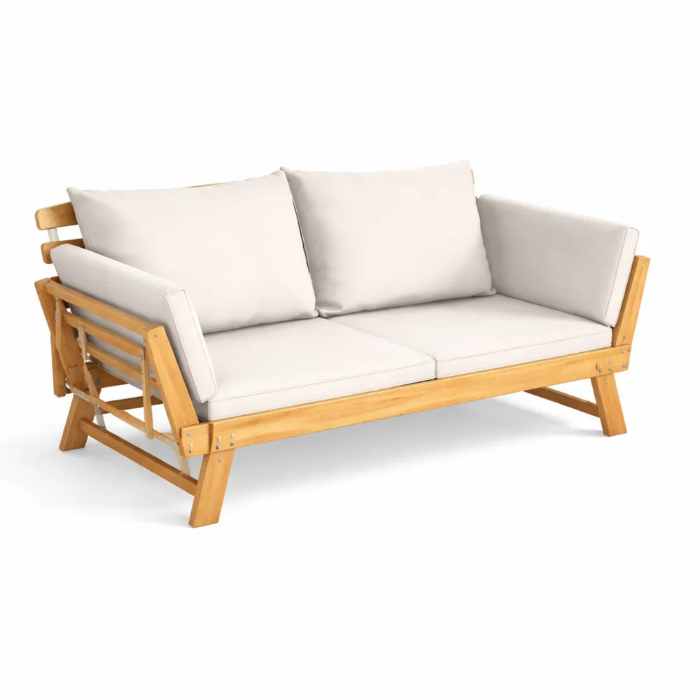 Canapé-lit de jardin convertible en bois d'acacia, 2-4 places avec accoudoirs réglables et coussins lavables, pour extérieur