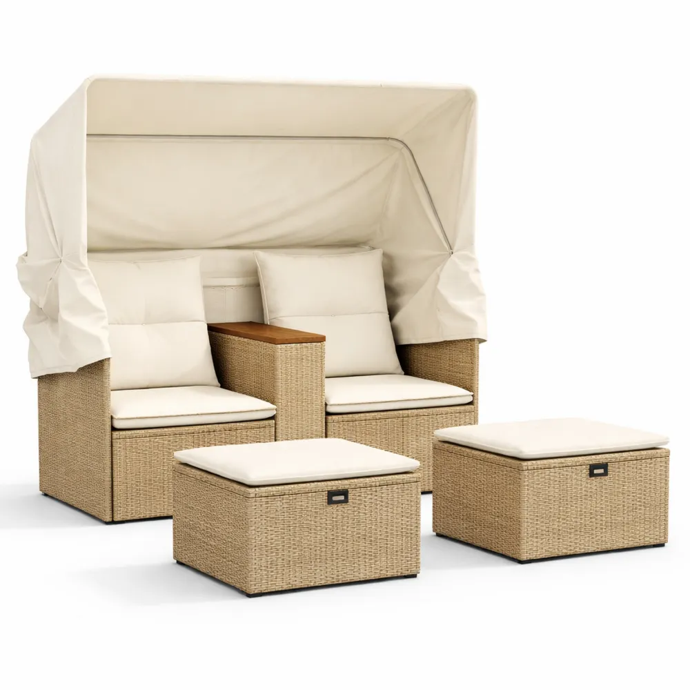 Canapé de jardin 2 places avec auvent et tabourets en rotin beige