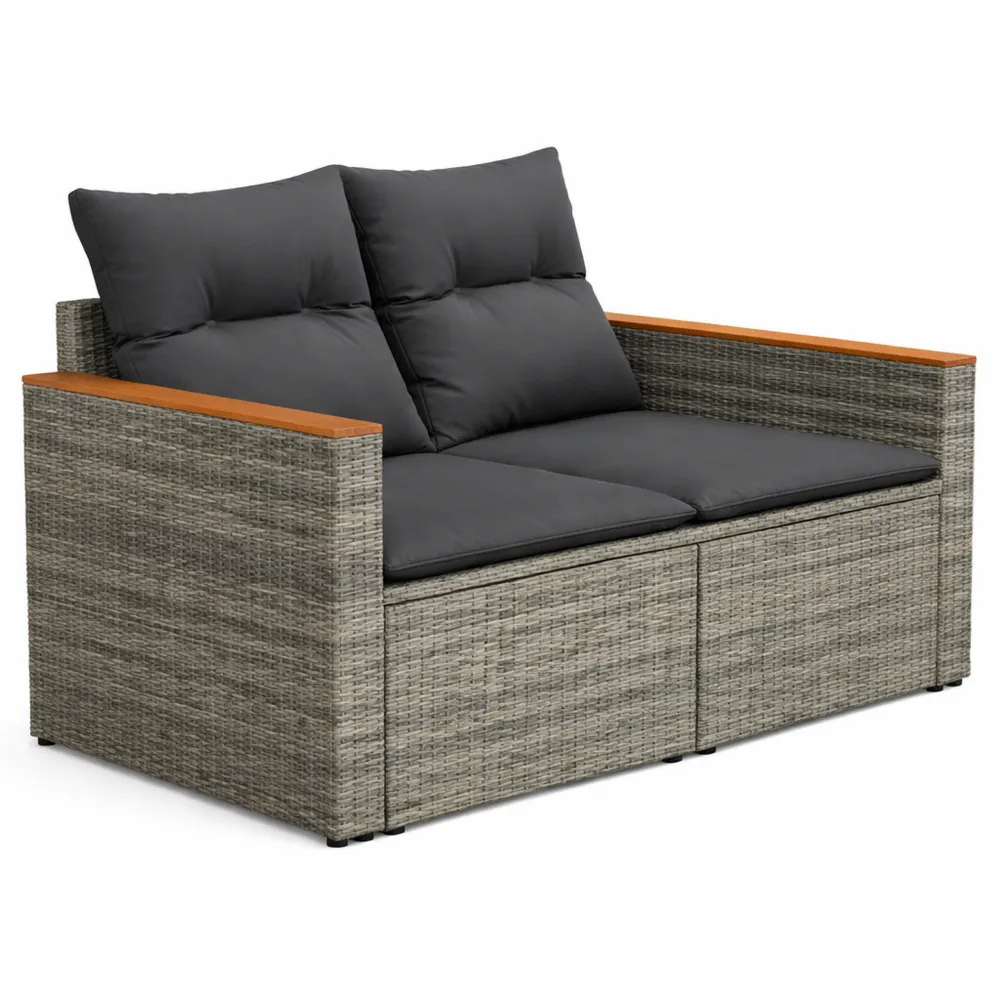 Canapé de Jardin Deux Places avec Coussins, Siège à Accoudoirs et Dossier Réglable, Meuble de Terrasse en Résine Tressée Gris
