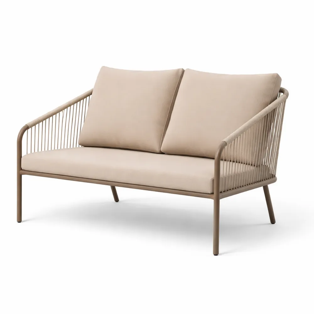 Sofa d'Extérieur 2 Places en Résine Tressée avec Coussins et Accoudoirs, Structure Acier, Beige