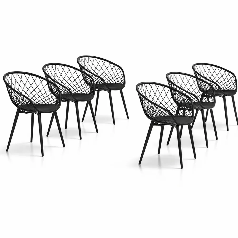 Ensemble de 6 chaises extérieures avec accoudoirs, dossier ergonomique, pieds en métal, couleur noire
