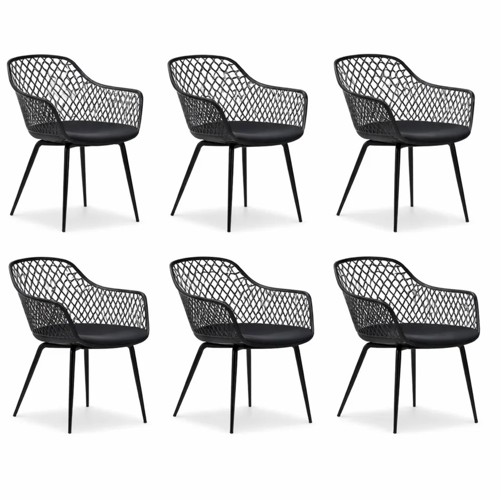 Ensemble de 6 fauteuils de jardin avec accoudoirs, confort extérieur, capacité 120 kg, noir