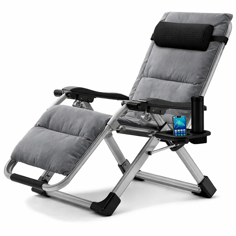 Chaise longue pliable réglable avec coussins et porte-gobelets