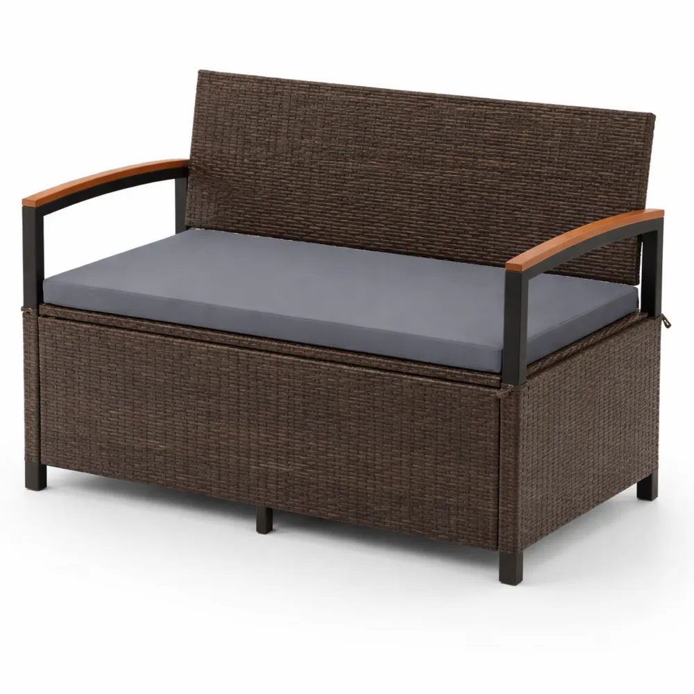 Banc et Coffre de Rangement Extérieur en Rotin, 175 L, avec Coussin et Accoudoirs en Bois