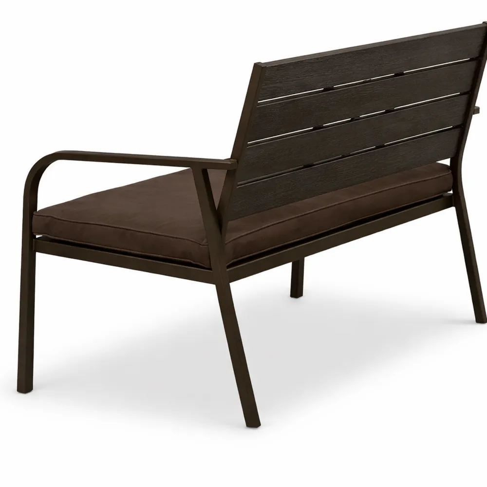 Banc extérieur avec coussin, 2 places, plastique aspect bois, marron