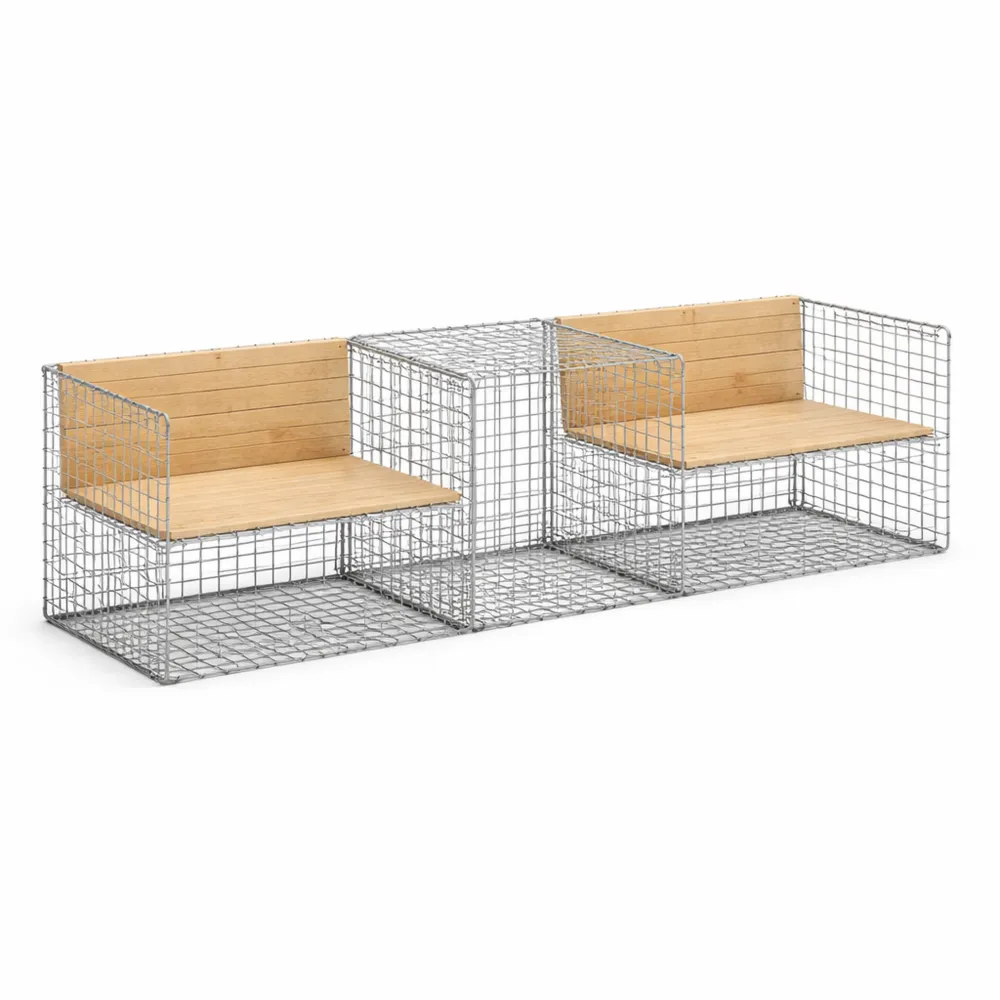 Banc extérieur en bois de pin avec gabion intégré