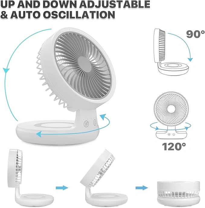 Rechargeable Folding Fan – Oscillating, Quiet, with LED Light & Long Battery Life