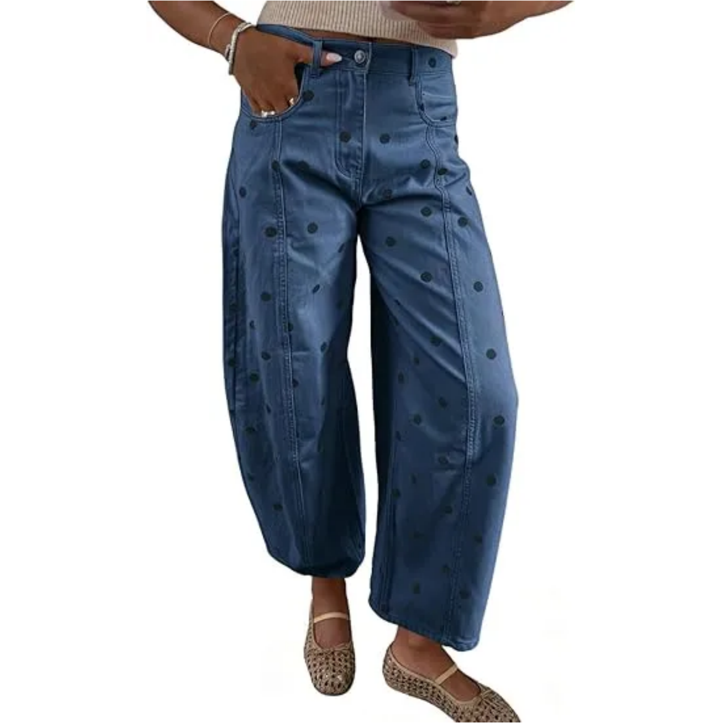Women's polka dot patterned bucket jeans