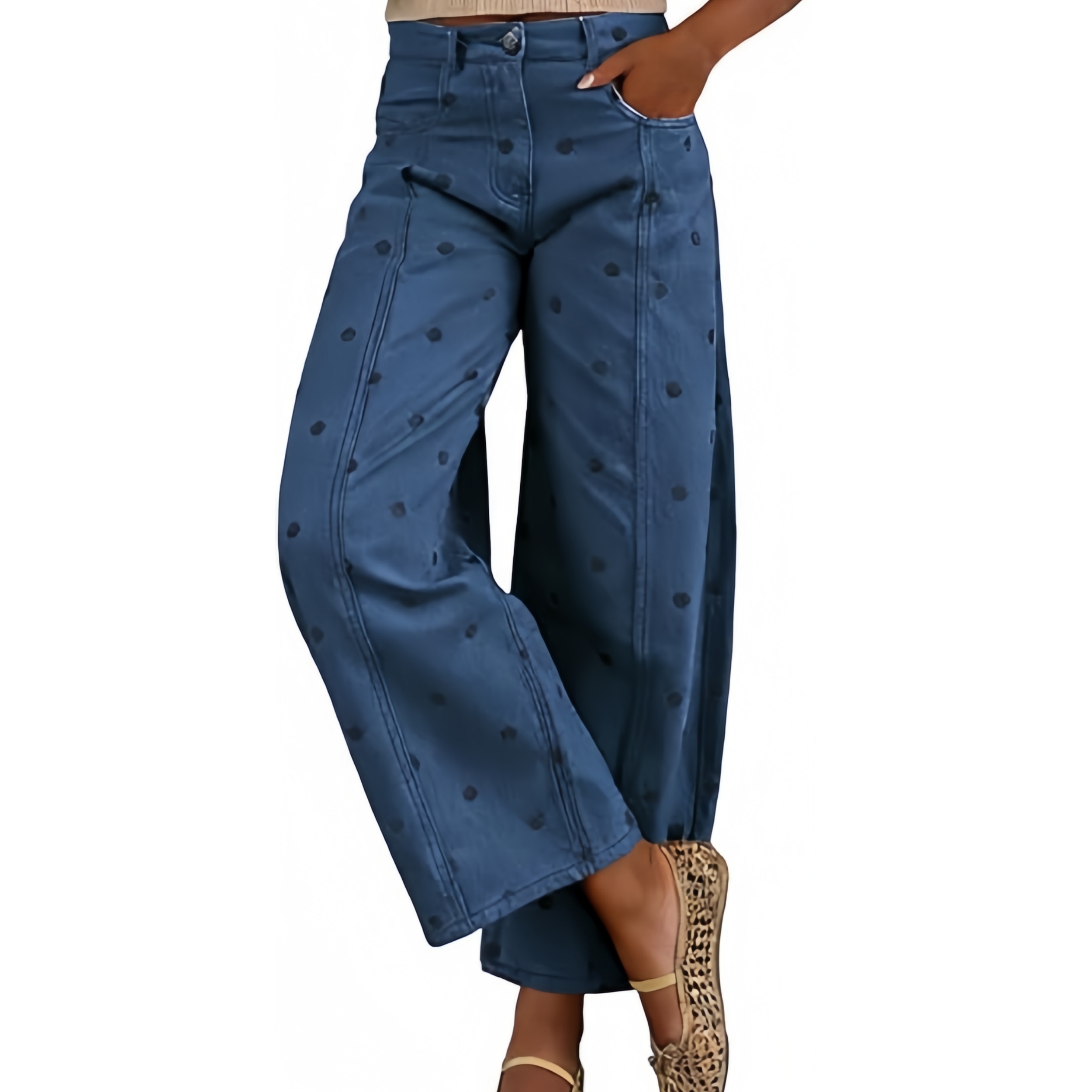 Women's polka dot patterned bucket jeans