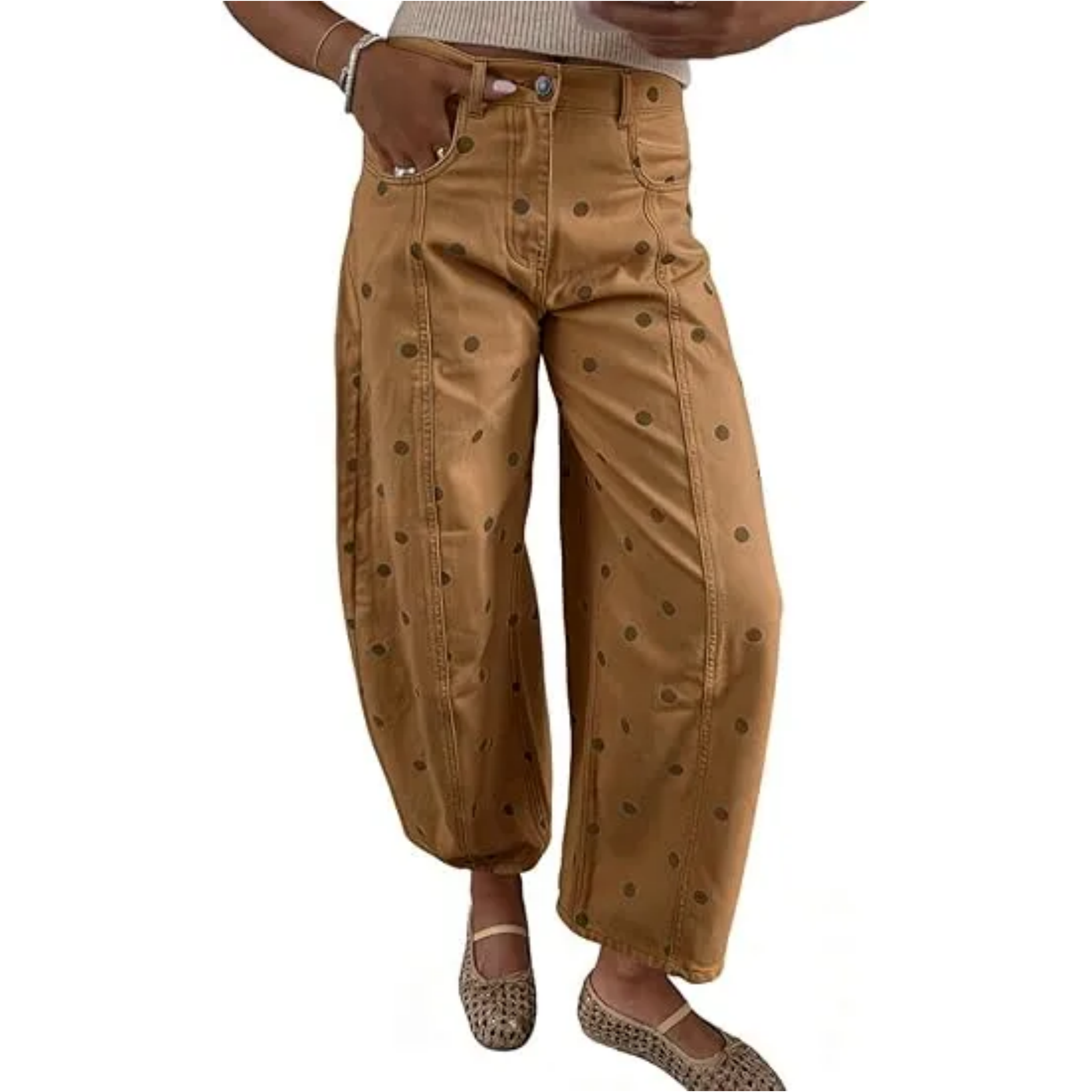 Women's polka dot patterned bucket jeans