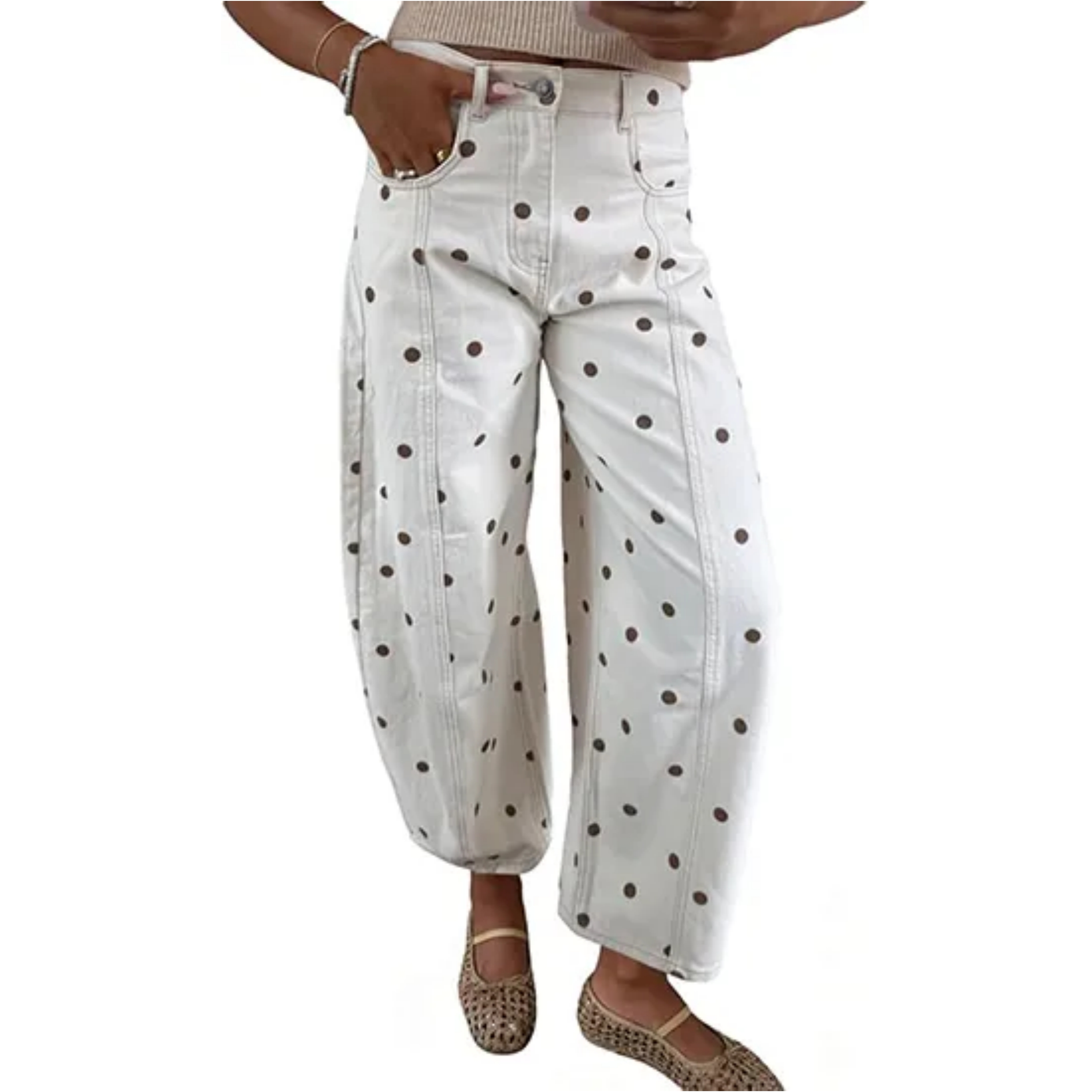 Women's polka dot patterned bucket jeans