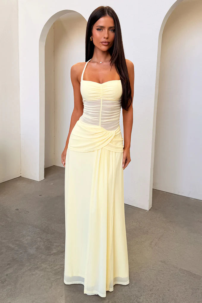 Halterneck Mesh Maxi Dress - Yellow