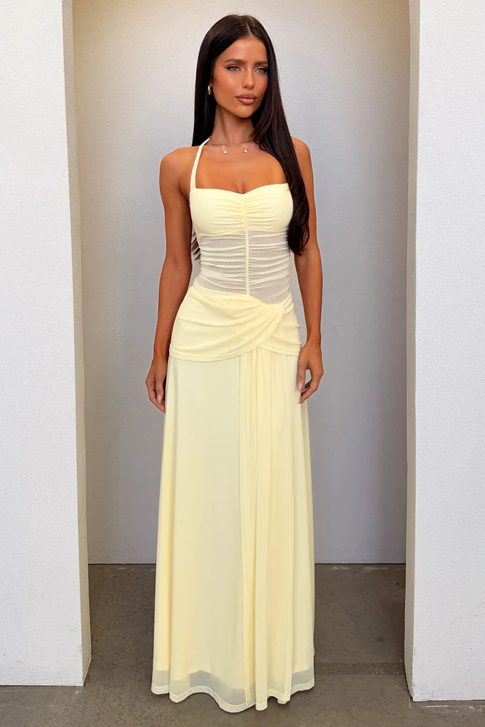 Halterneck Mesh Maxi Dress - Yellow