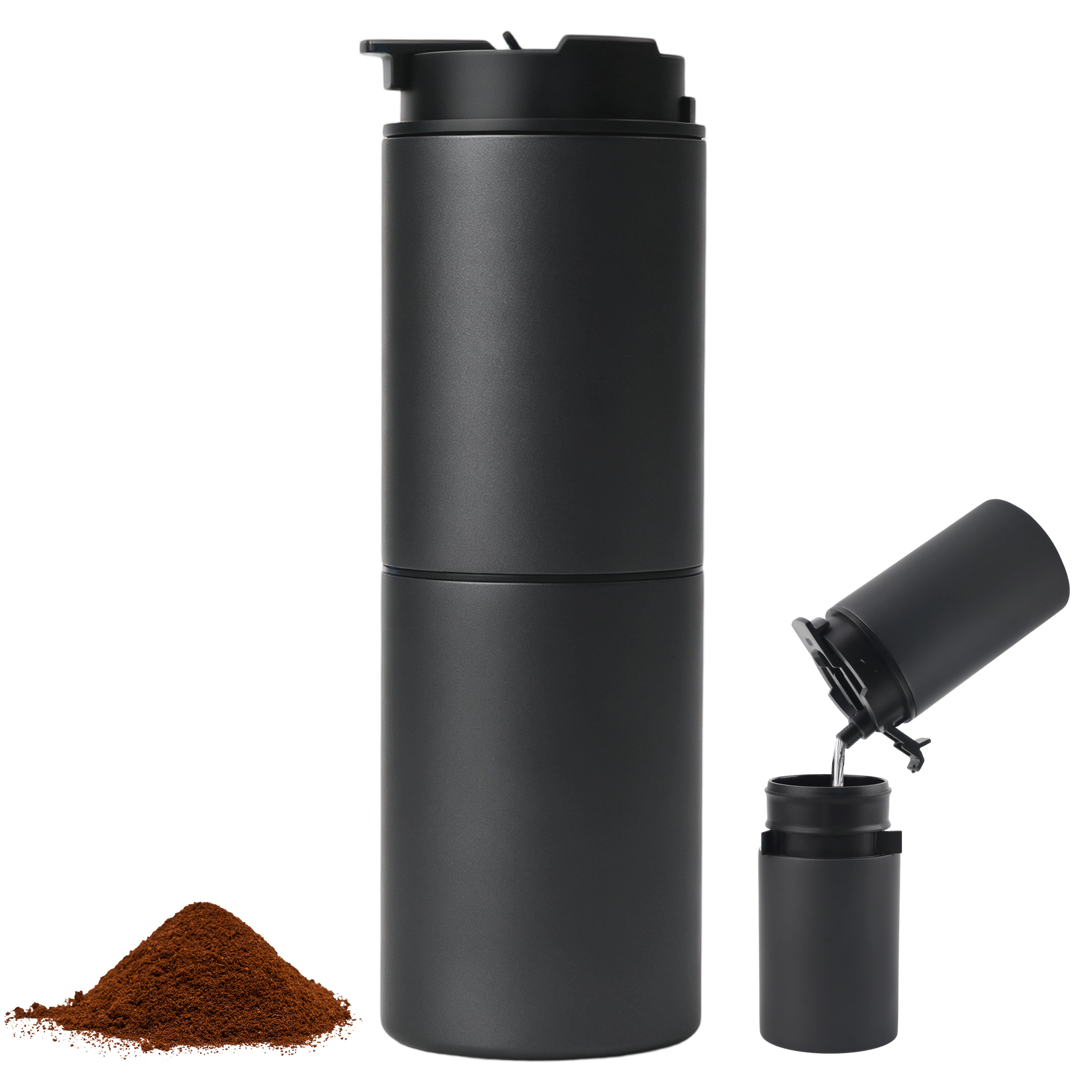 ShanSon Portable Coffee Maker with 38 Adjustable Grind Pour-Over Dripper 3-in-1, BPA Free, 25g Capacity, 2000mAh, USB-C, Stainless Steel, Washable Parts, Camping, Outdoor, Travel Bag Black