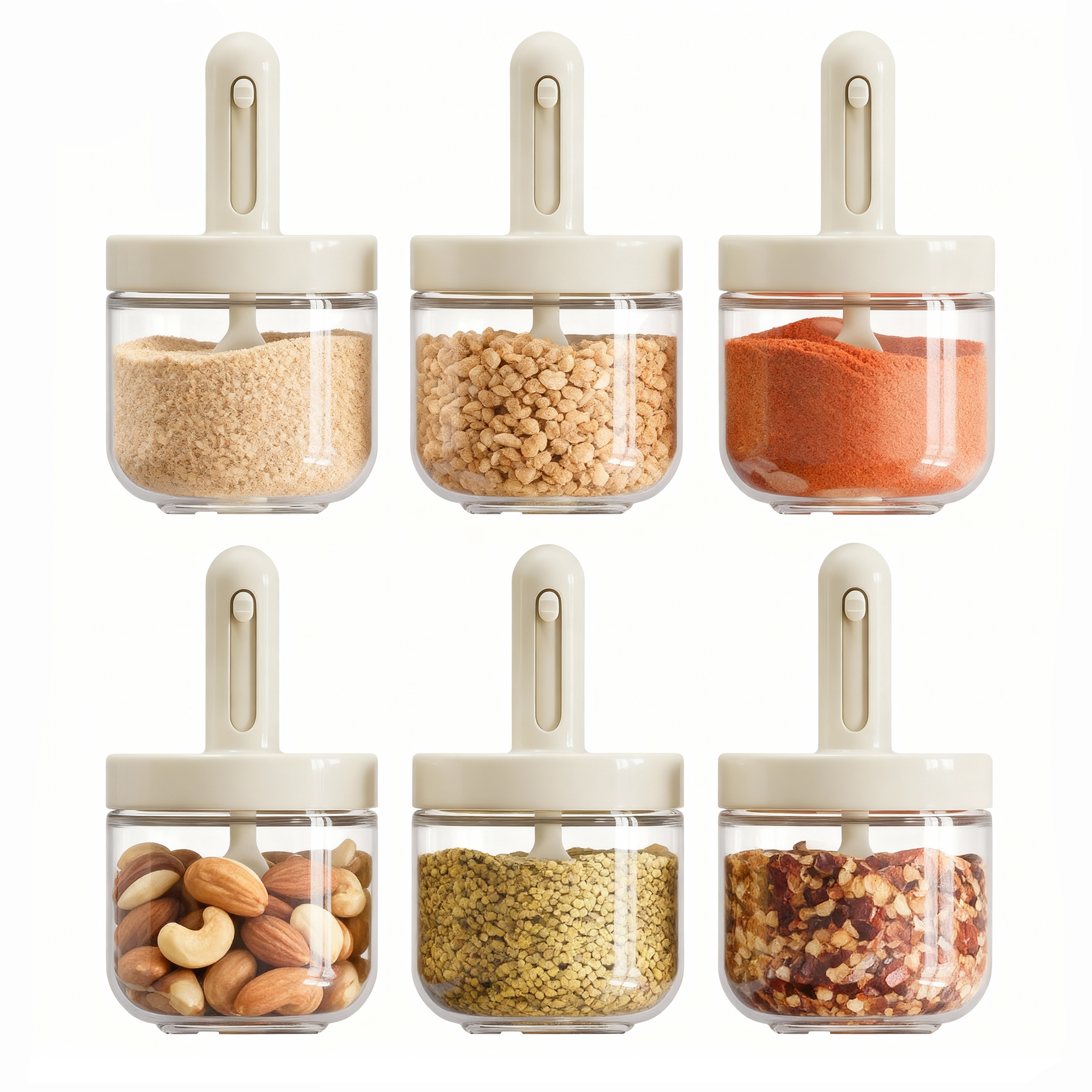 ShanSon 6-Piece Airtight Kitchen Spice Jars 10.16oz/300ml Glass Containers with Built-in Spoon for kitchen pantry