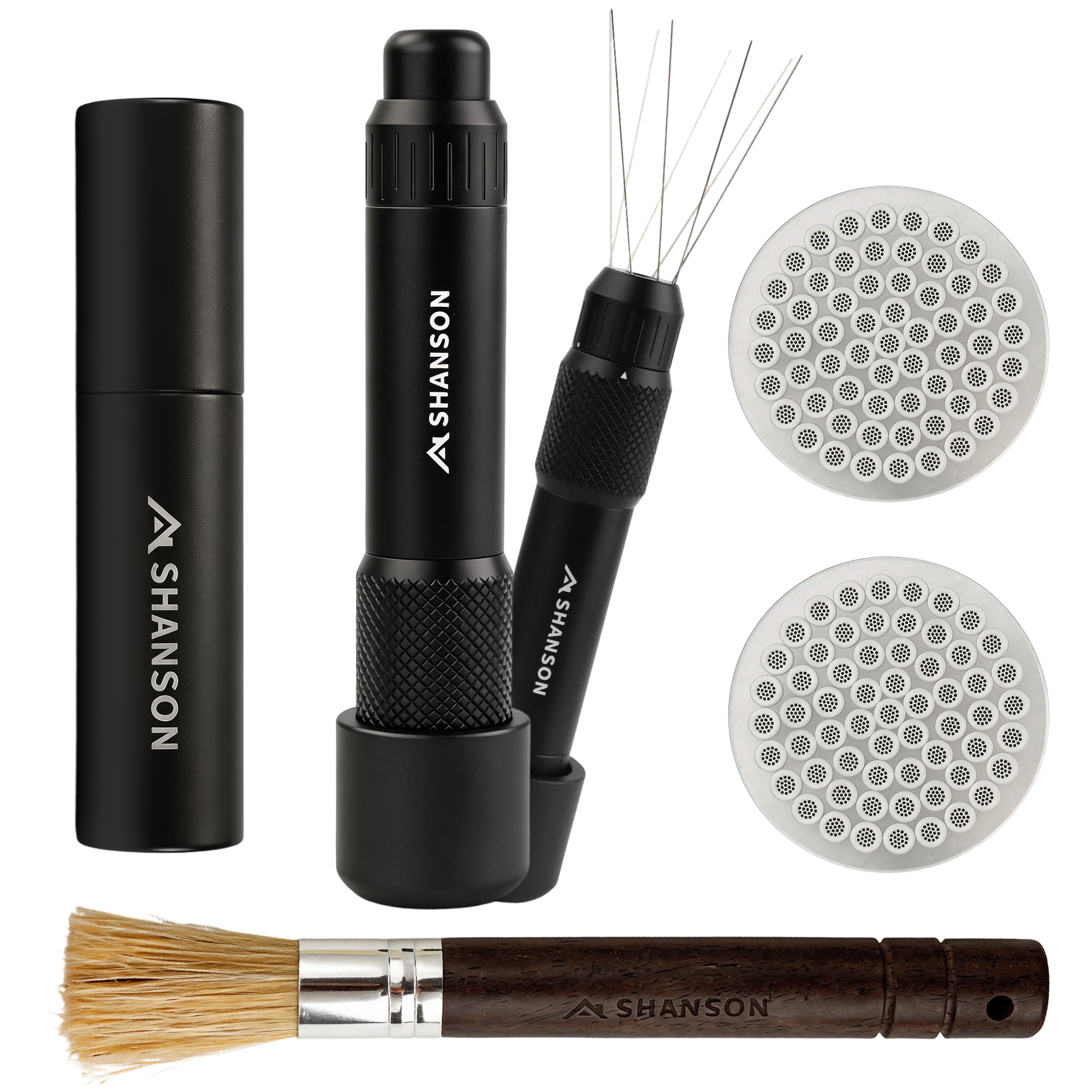 ShanSon Espresso Accessories Kit,5-Piece Set, Retractable WDT Tool with Storage Stand, Two Puck Screens, RDT Spray Bottle and Brush,54mm Coffee Distribution Tool