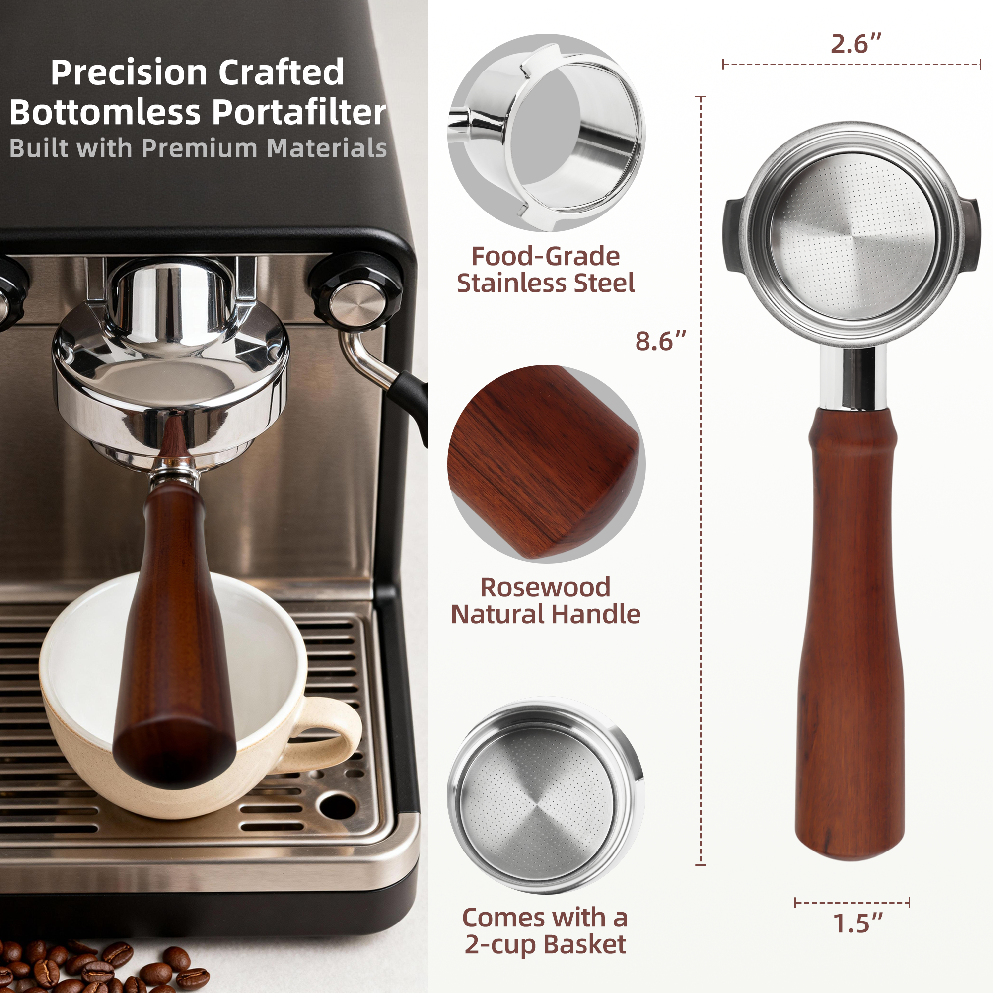 ShanSon Espresso 51mm Bottomless Portafilter with Stainless Steel 3 Ears Filter Basket,Natural Wood Handle，for De'Longhi
