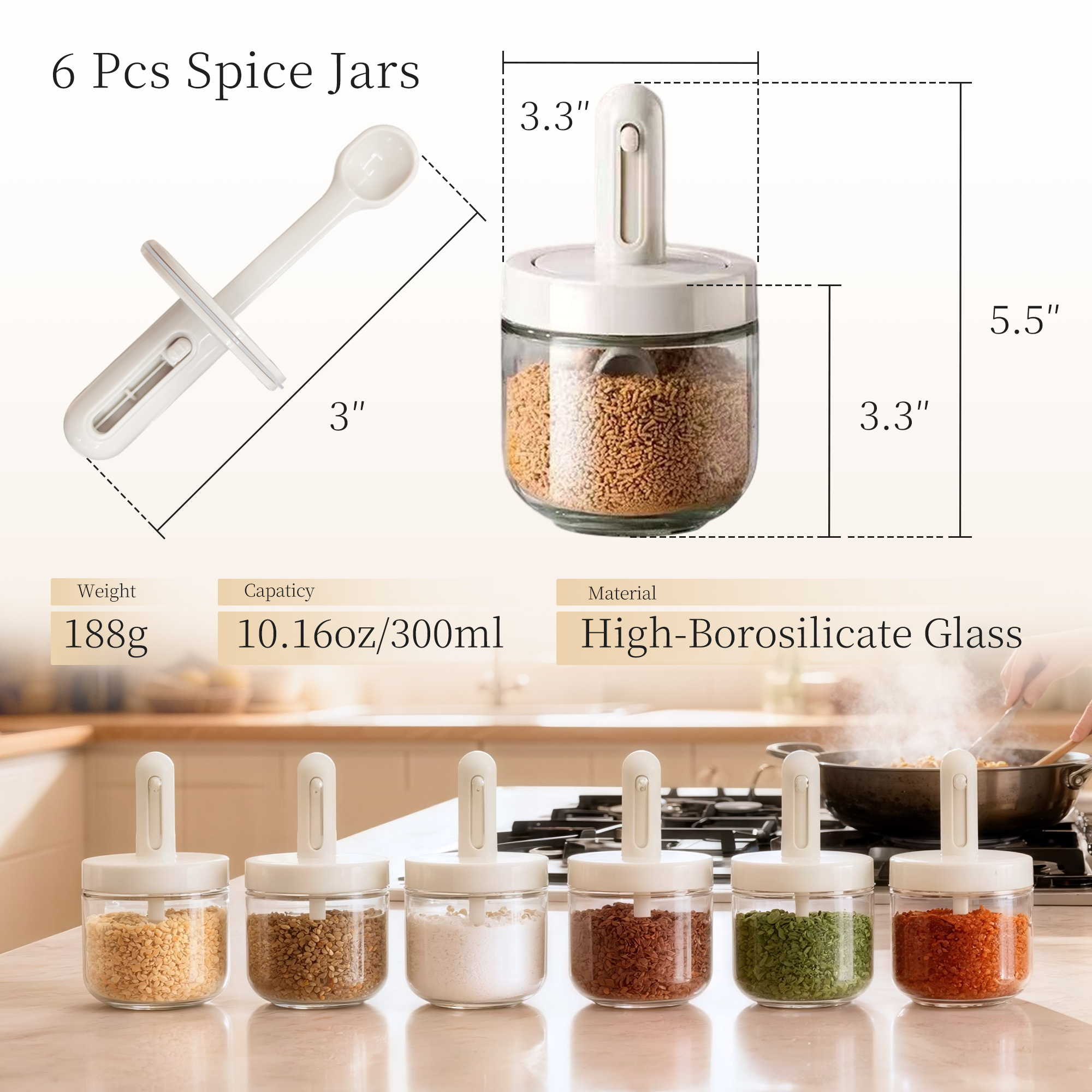 ShanSon 6-Piece Airtight Kitchen Spice Jars 10.16oz/300ml Glass Containers with Built-in Spoon for kitchen pantry