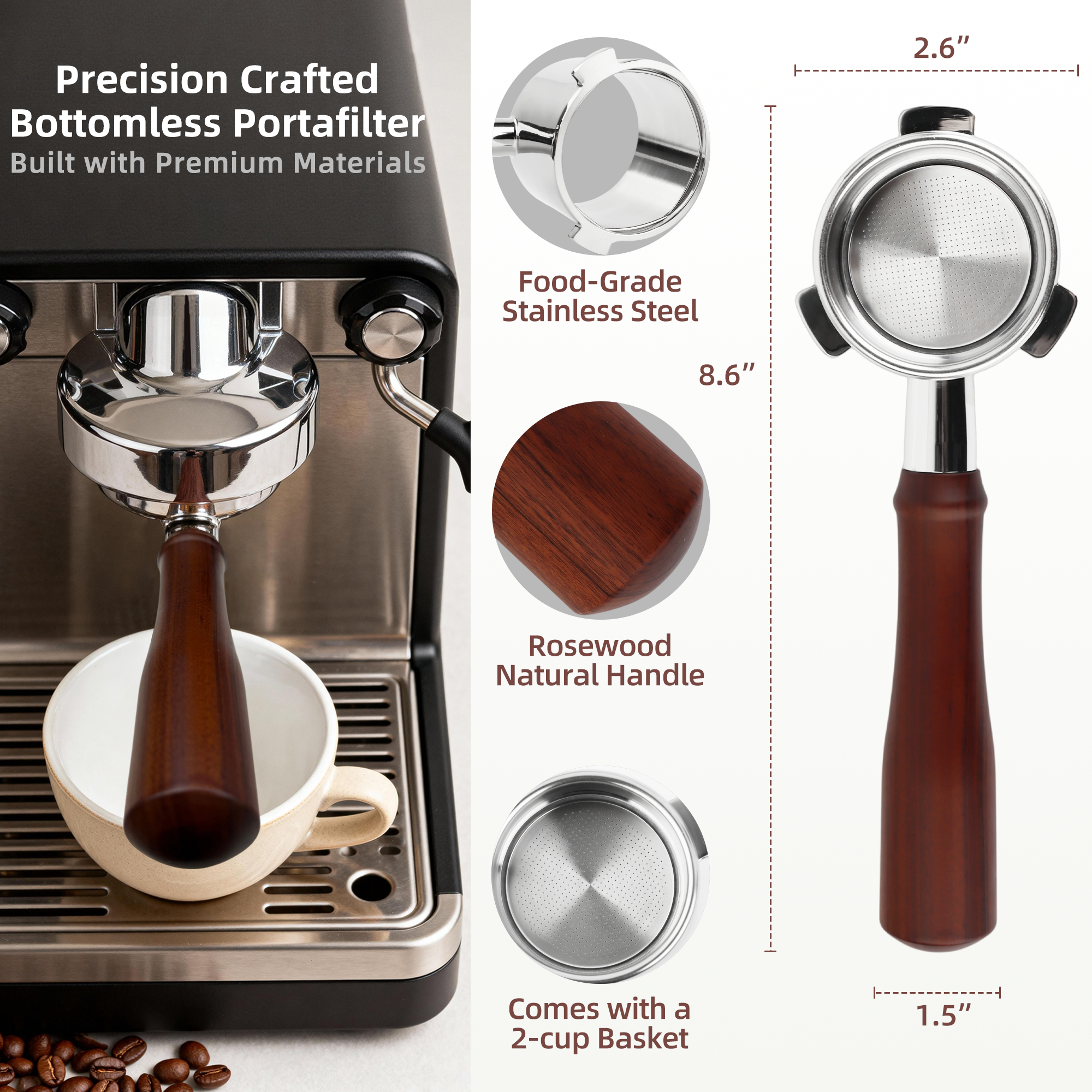 ShanSon Espresso 51mm Bottomless Portafilter with Stainless Steel 3 Ears Filter Basket,Natural Wood Handle，for De'Longhi