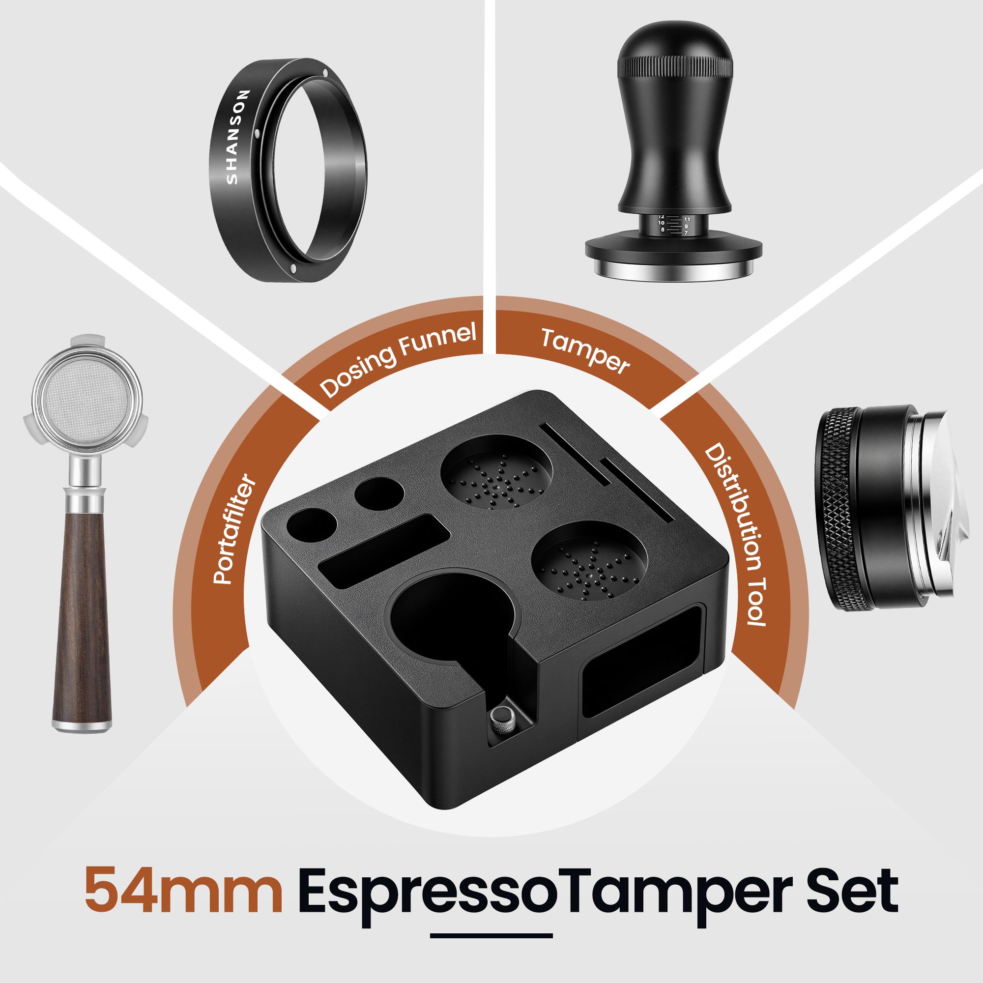 ShanSon Espresso Accessories Kit with Stand,54mm Compact Espresso Tamper Set: Espresso Tamper, Distributor, Bottomless Portafilter, Dosing Funnel,Station