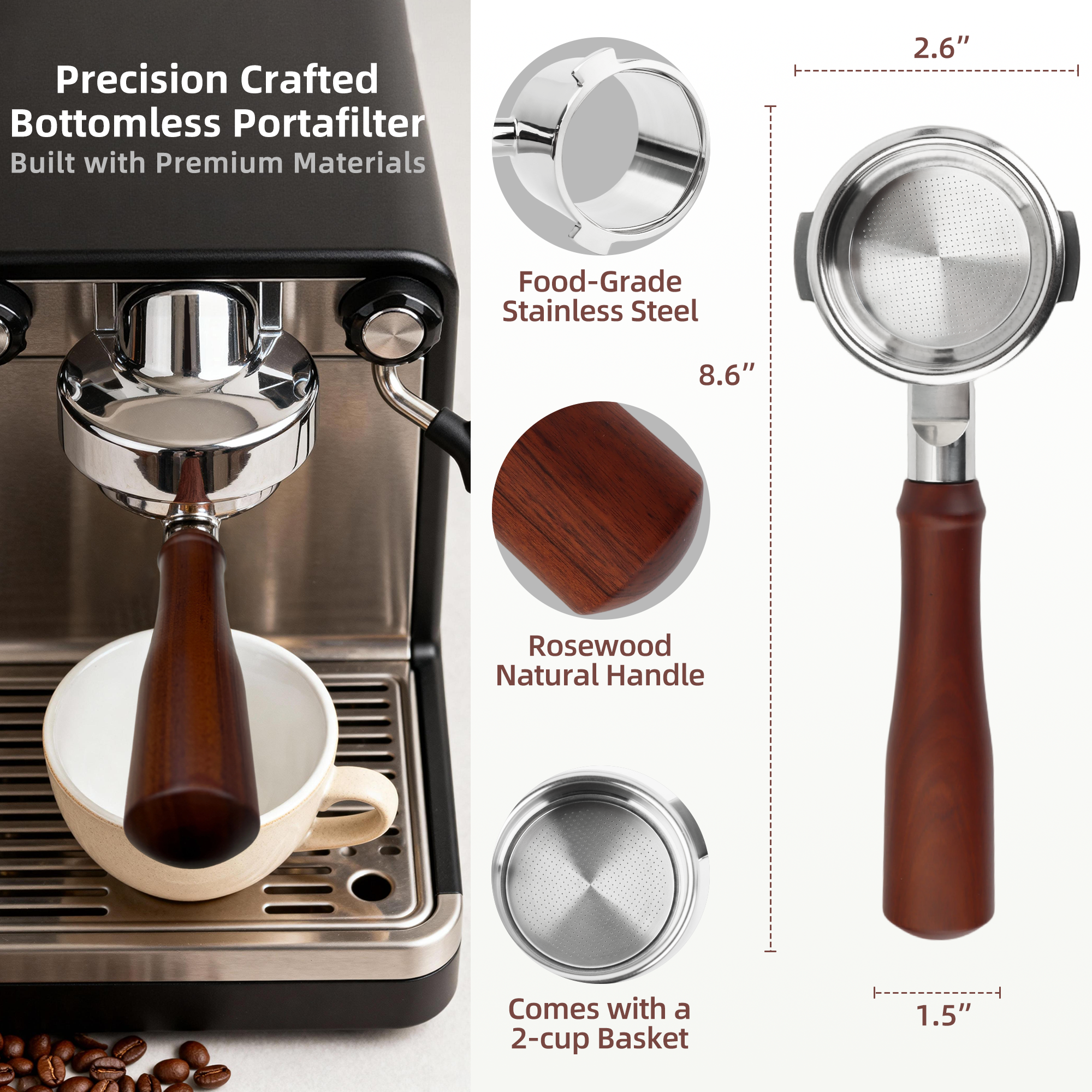 ShanSon Espresso 51mm Bottomless Portafilter with Stainless Steel 3 Ears Filter Basket,Natural Wood Handle，for De'Longhi