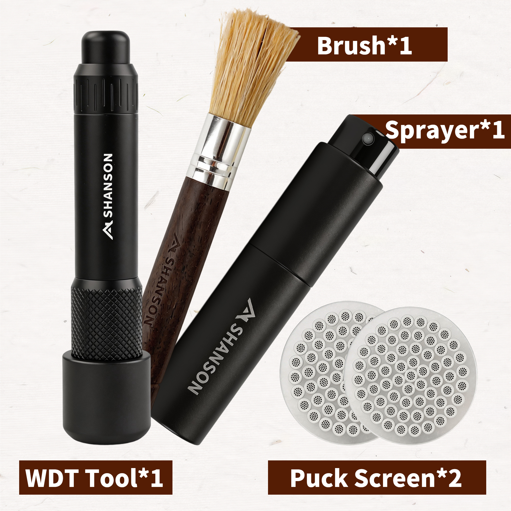 ShanSon Espresso Accessories Kit,5-Piece Set, Retractable WDT Tool with Storage Stand, Two Puck Screens, RDT Spray Bottle and Brush,54mm Coffee Distribution Tool
