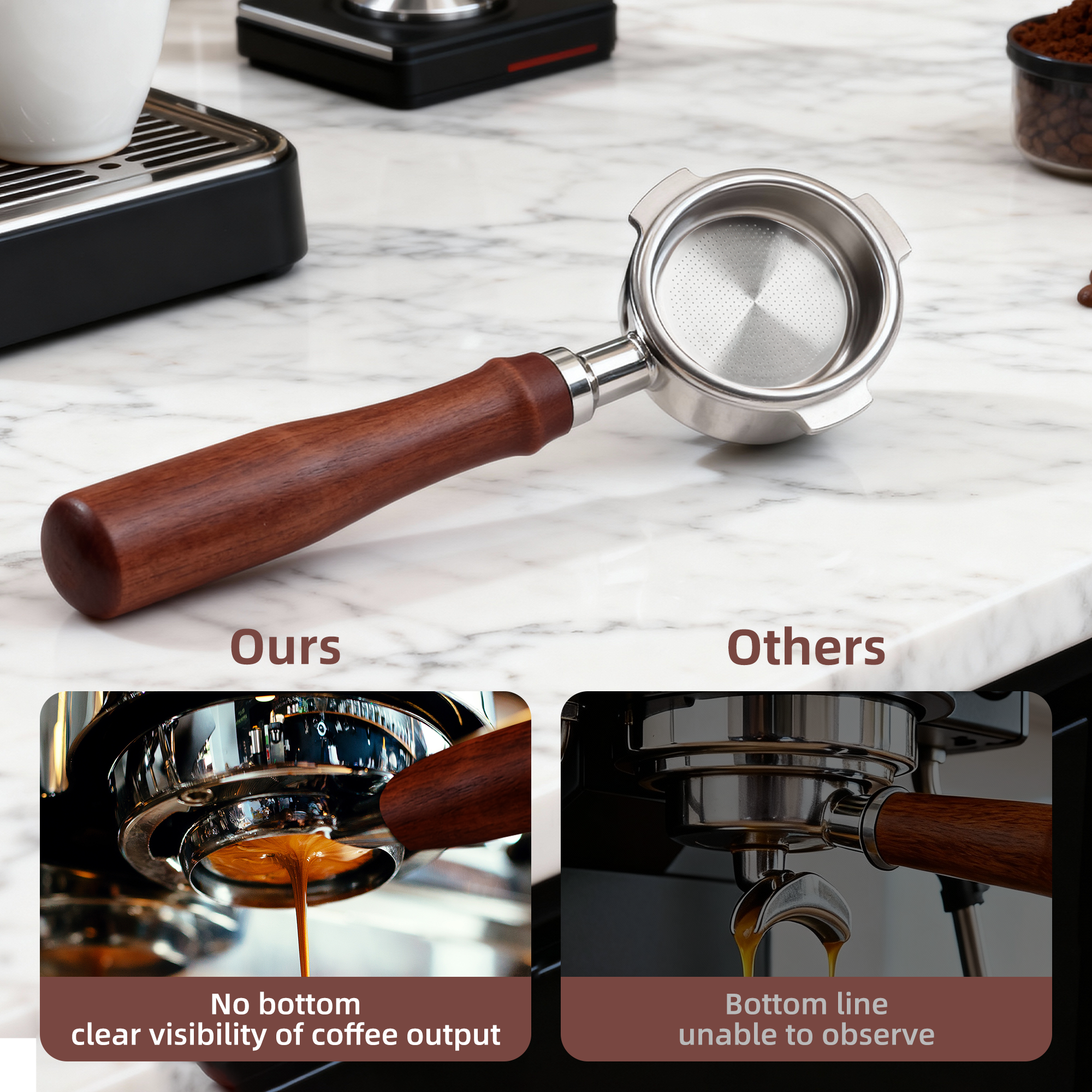 ShanSon Espresso 51mm Bottomless Portafilter with Stainless Steel 3 Ears Filter Basket,Natural Wood Handle，for De'Longhi