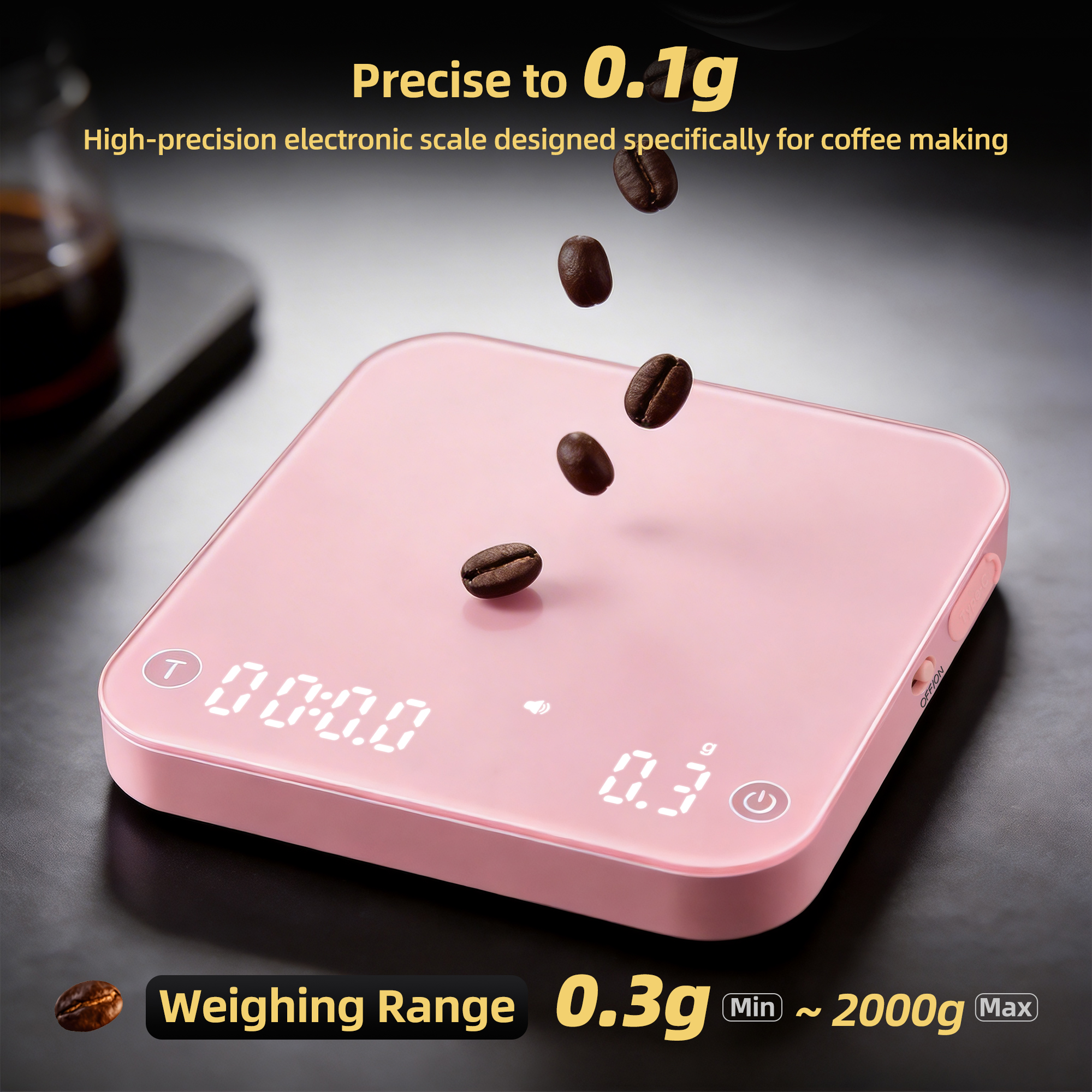 ShanSon Mini Coffee Scale with Timer,0.1g High Precision Espresso Scale,2kg/0.1g Digital Kitchen Scale with Flow Rate,USB-C Rechargeable,Waterproof Surface,Auto Timer for Pour Over & Espresso,Beige