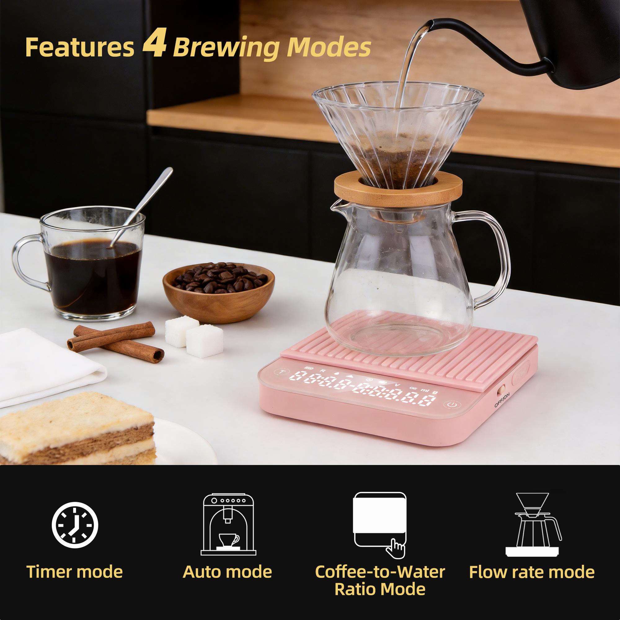 ShanSon Mini Coffee Scale with Timer,0.1g High Precision Espresso Scale,2kg/0.1g Digital Kitchen Scale with Flow Rate,USB-C Rechargeable,Waterproof Surface,Auto Timer for Pour Over & Espresso,Beige