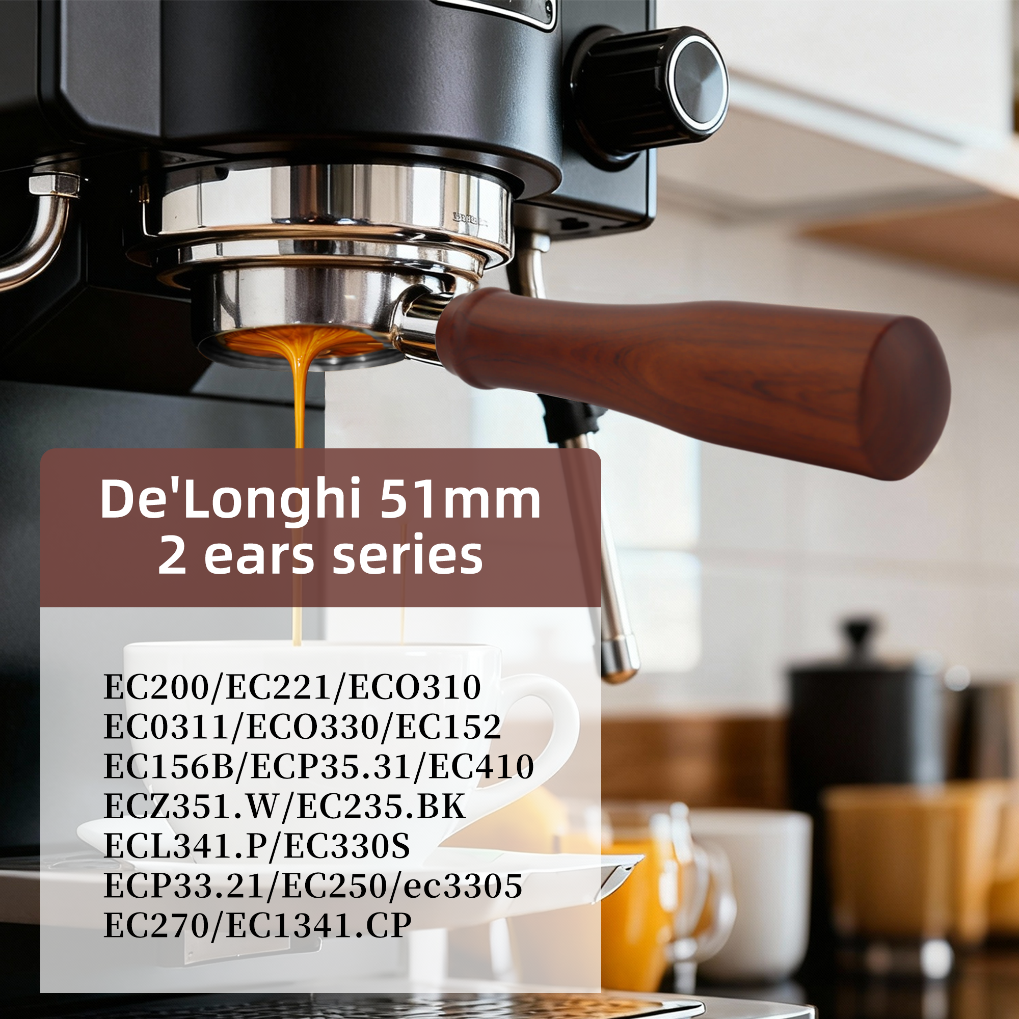 ShanSon Espresso 51mm Bottomless Portafilter with Stainless Steel 3 Ears Filter Basket,Natural Wood Handle，for De'Longhi