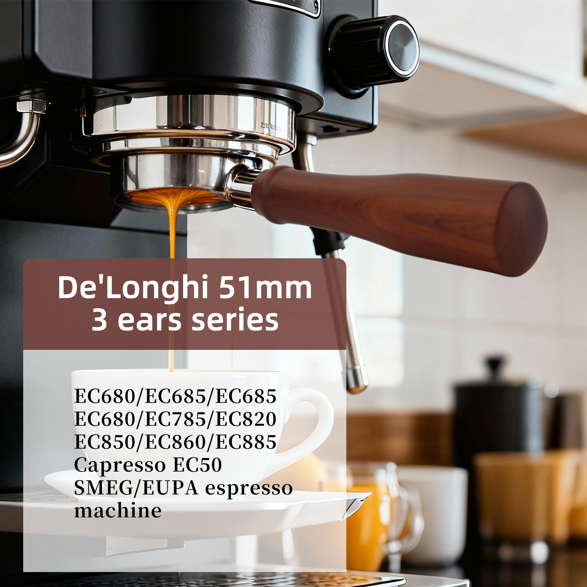 ShanSon Espresso 51mm Bottomless Portafilter with Stainless Steel 3 Ears Filter Basket,Natural Wood Handle，for De'Longhi