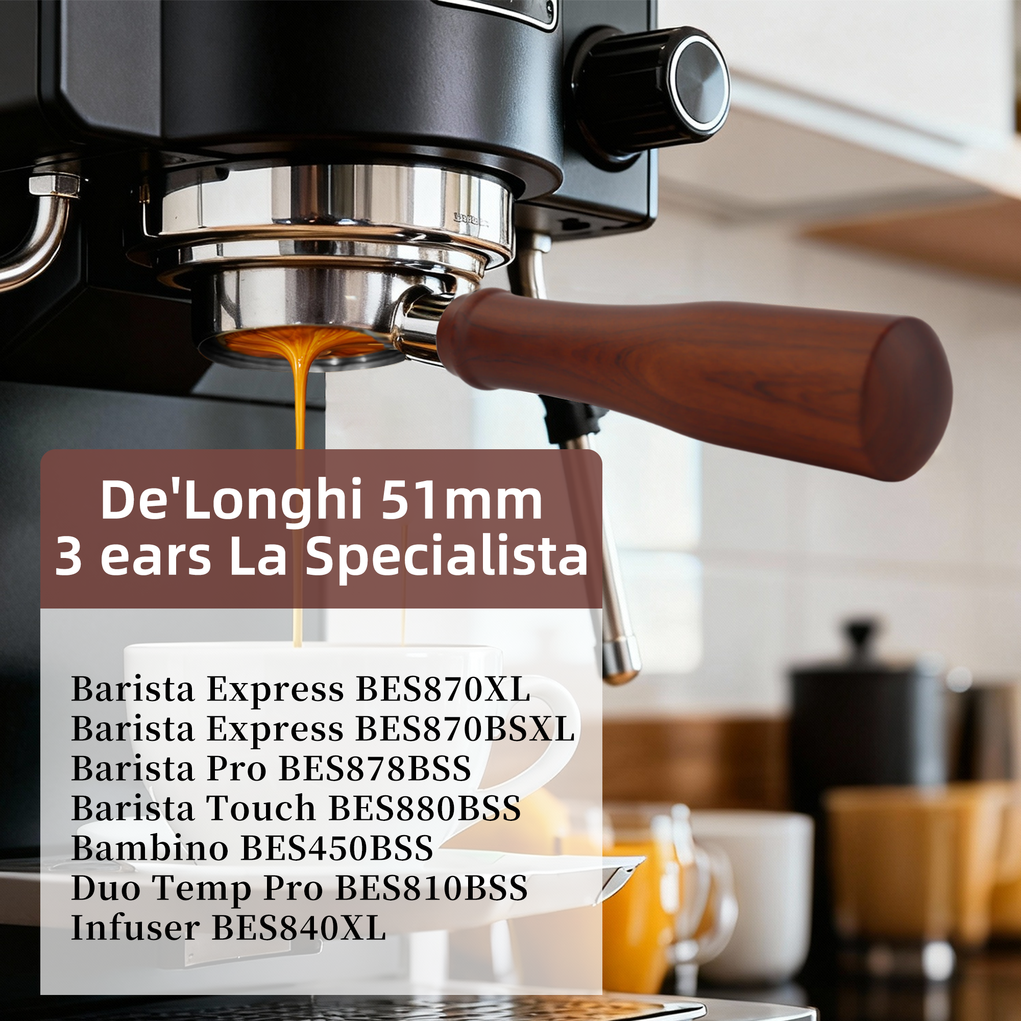 ShanSon Espresso 51mm Bottomless Portafilter with Stainless Steel 3 Ears Filter Basket,Natural Wood Handle，for De'Longhi