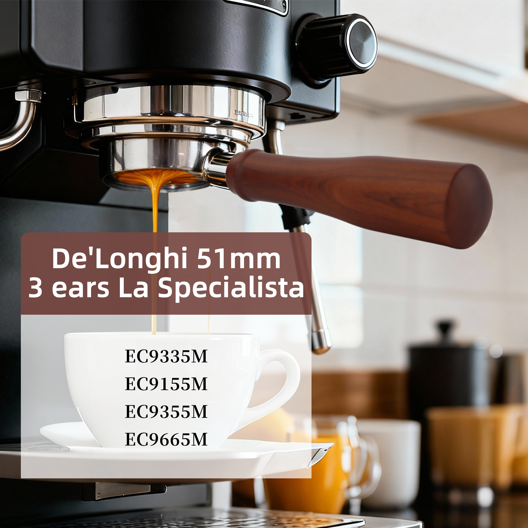 ShanSon Espresso 51mm Bottomless Portafilter with Stainless Steel 3 Ears Filter Basket,Natural Wood Handle，for De'Longhi