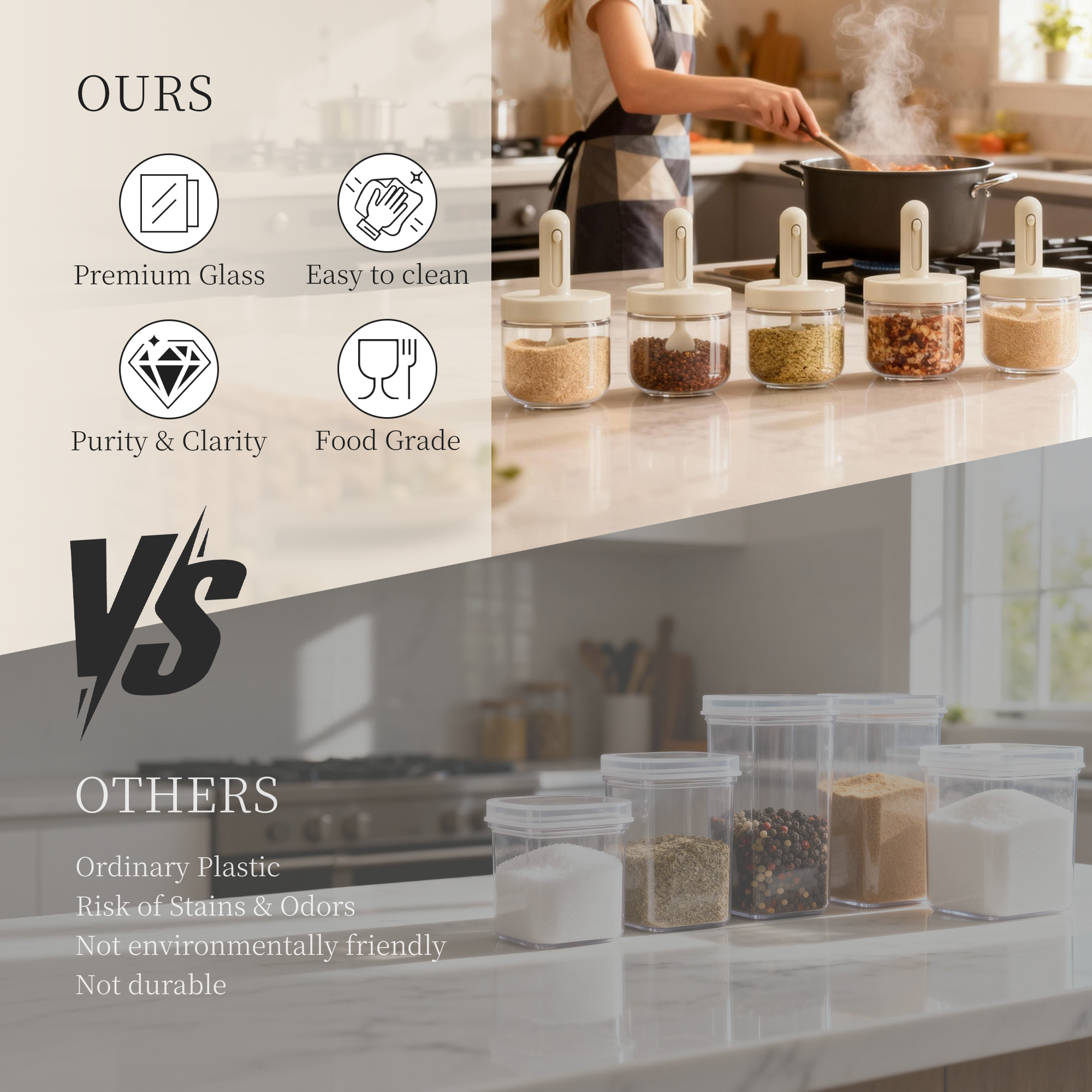 ShanSon 6-Piece Airtight Kitchen Spice Jars 10.16oz/300ml Glass Containers with Built-in Spoon for kitchen pantry