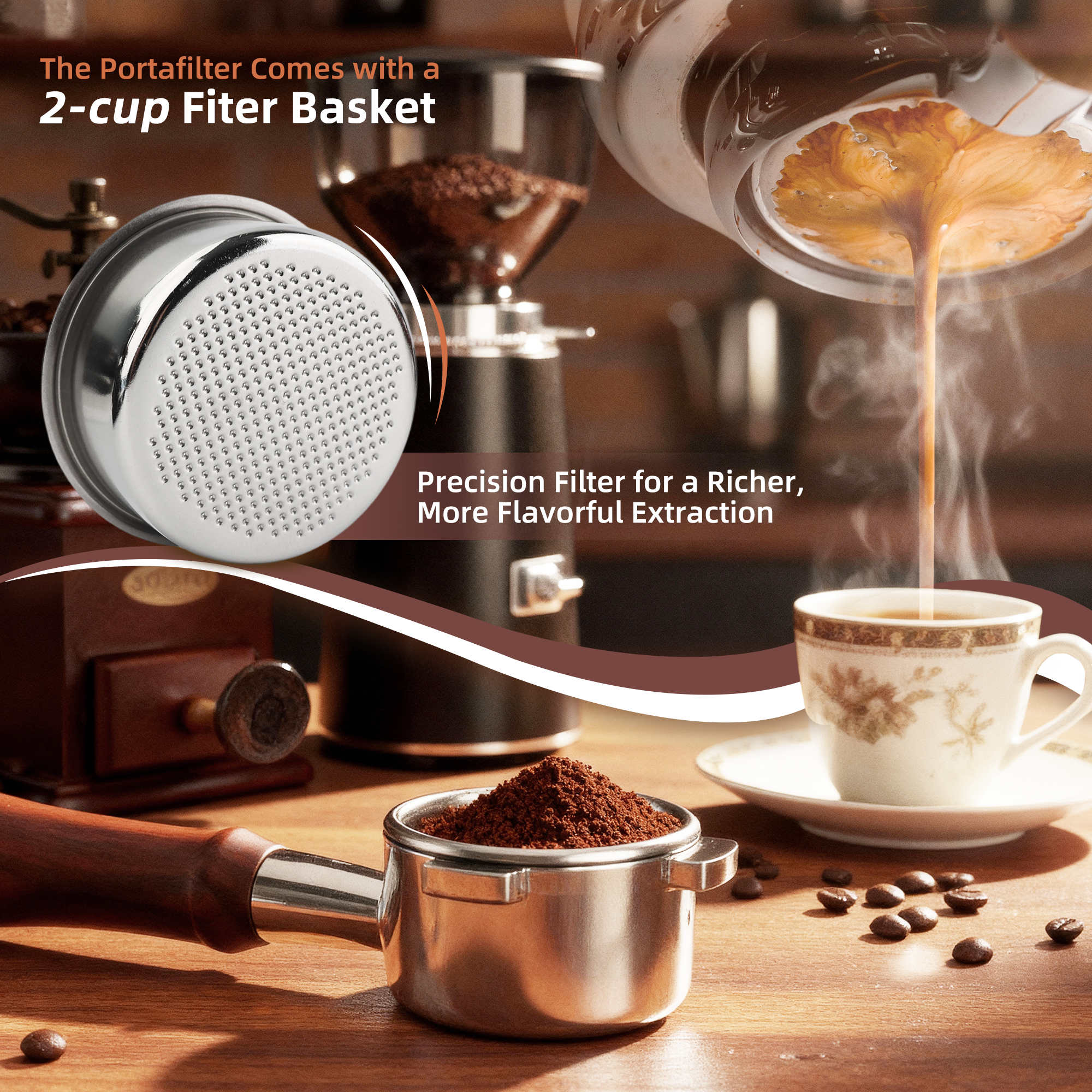 ShanSon Espresso 51mm Bottomless Portafilter with Stainless Steel 3 Ears Filter Basket,Natural Wood Handle，for De'Longhi