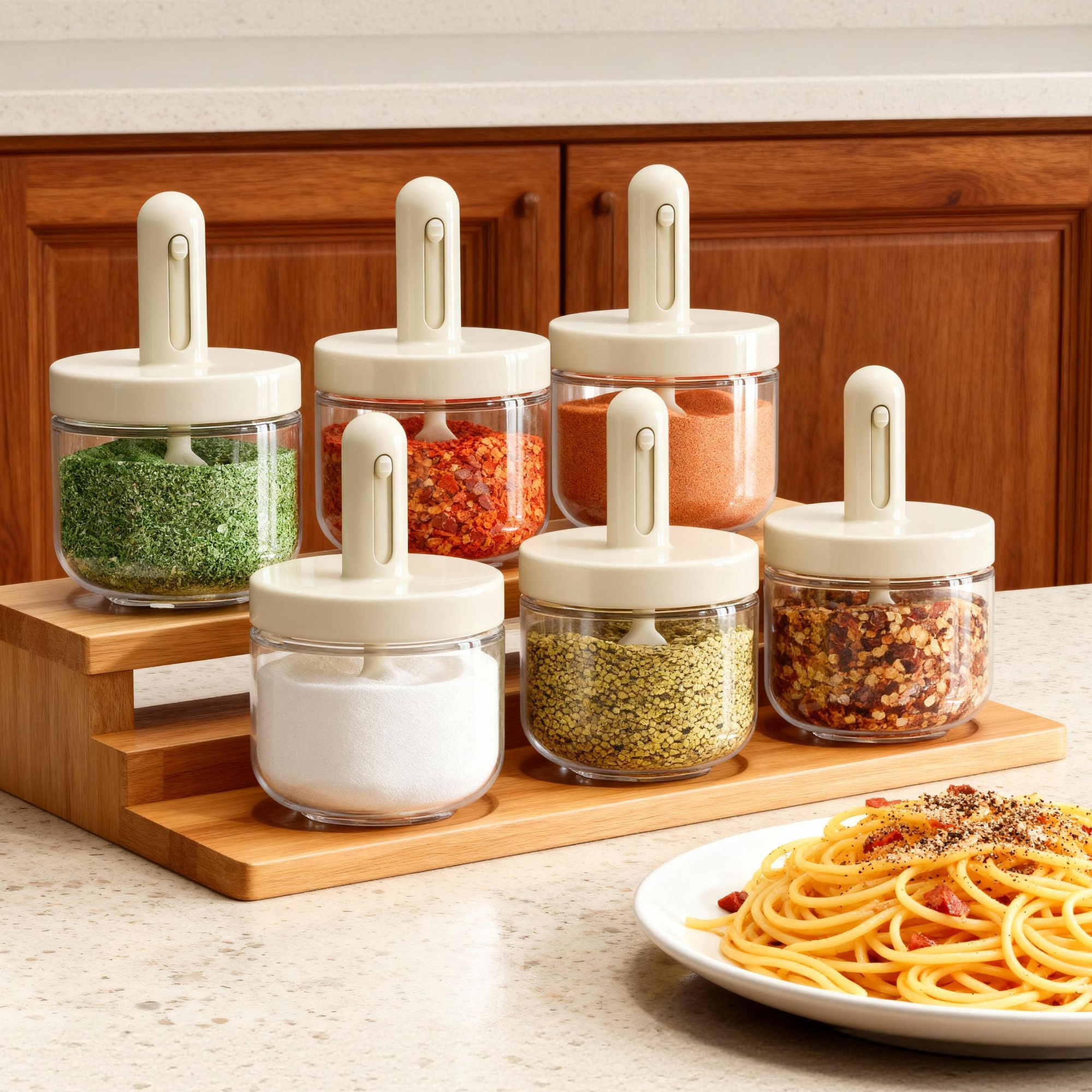 ShanSon 6-Piece Airtight Kitchen Spice Jars 10.16oz/300ml Glass Containers with Built-in Spoon for kitchen pantry