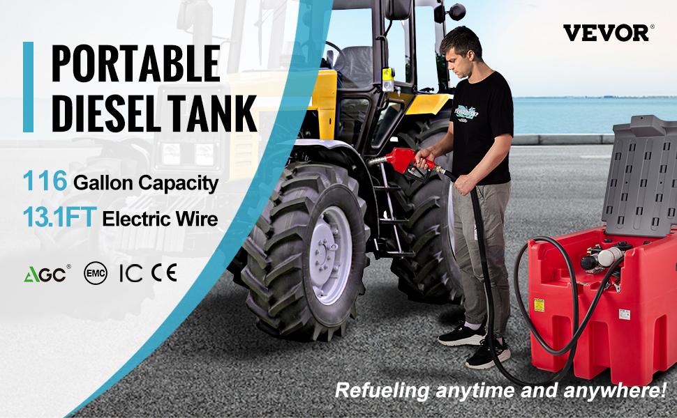 VEVOR Portable Diesel Tank, 116 Gallon Capacity & 10 GPM Flow Rate, Diesel Fuel Tank with 12V Electric Transfer Pump and 13.1ft Rubber Hose, PE Diesel Transfer Tank for Easy Fuel Transportation, Red