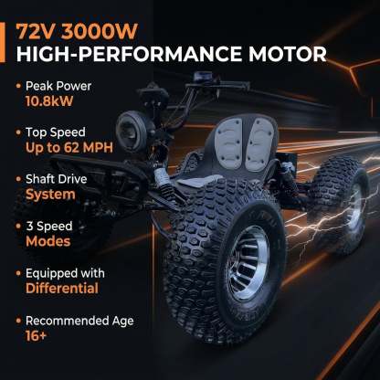 72V 3000W "Mountain Tiger"（Peak 10.8kW)Electric Off-Road Go Kart, 26Ah (37mi), 62mph, 6″/8″ AT Tires, Shaft Drive, 3-Speed+Reverse