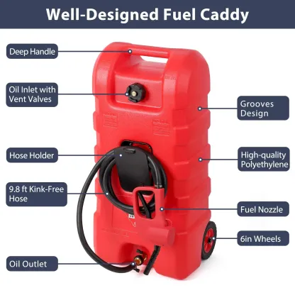 【GARVEE】 15 Gallon Portable Fuel Caddy with LE Pump & 10ft Hose for Gasoline Diesel Storage on Wheels for Cars Lawn Mowers ATVs Boats Red Yellow Gray Options - Convenience